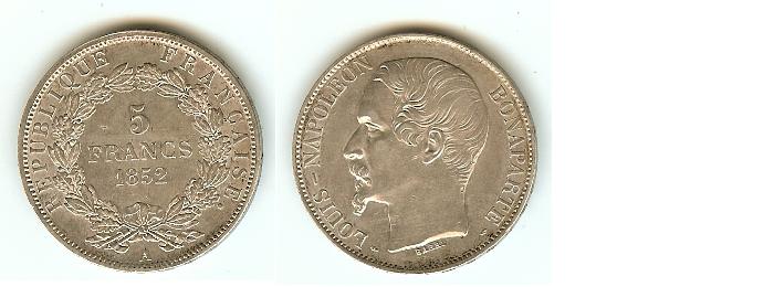 5 Francs Napoléon III 1852A Paris SUP+ à SPL